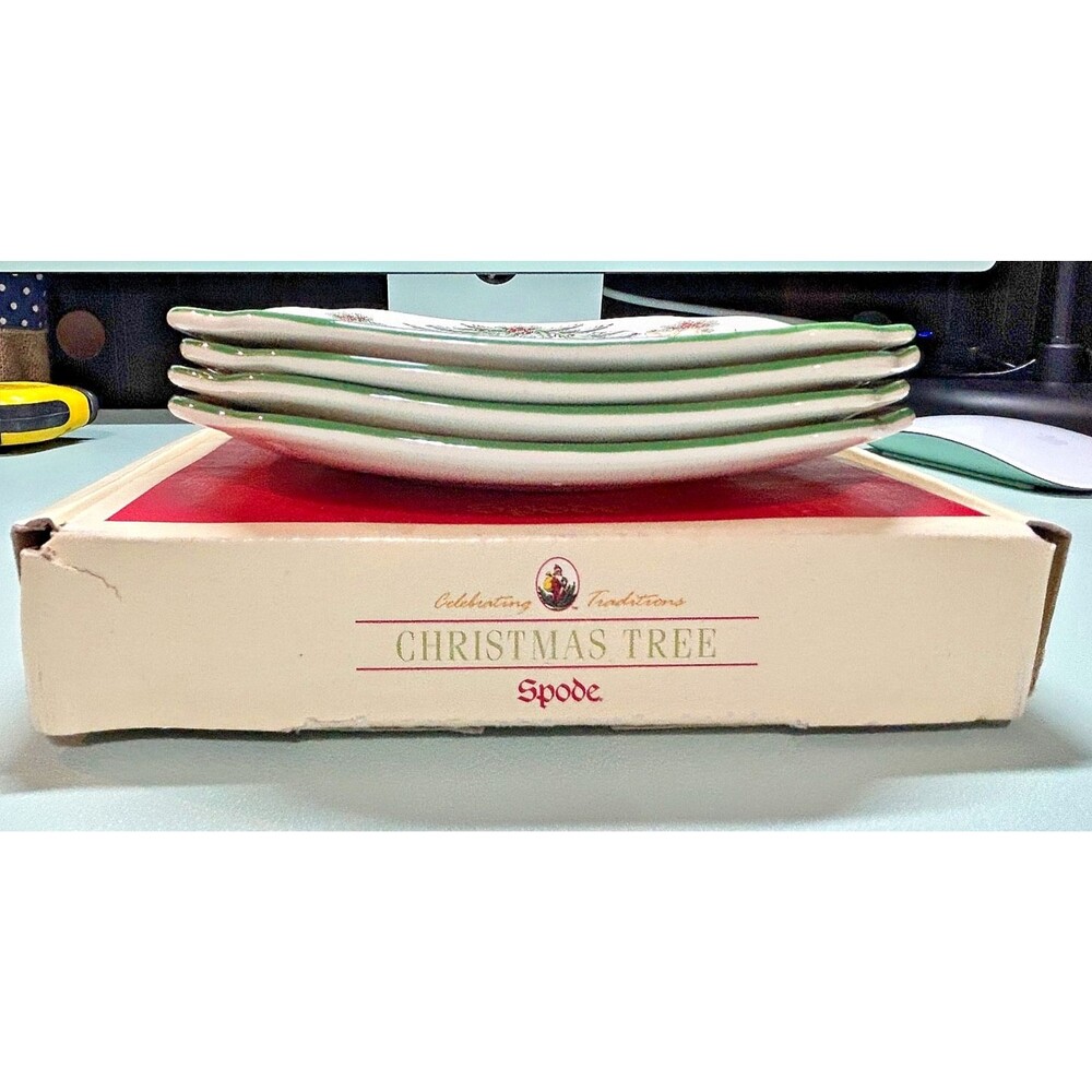 4 Spode Christmas Tree Garland SQUARE 5.5" Canape Plates In Original Box